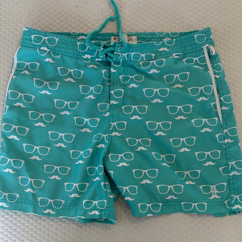 Original Penguin Teal Swim Trunks with White Glasses Pattern